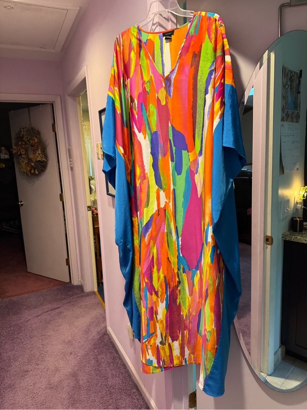 Natori Size L Vibrant Multicolor Abstract Kimono with Turquoise Sides